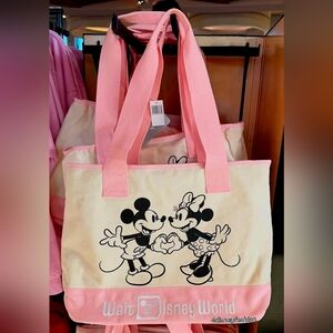 Disney Parks Minnie & Mickey Park Logo Pink Canvas Tote Valentine’s